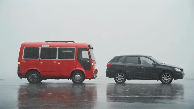 A red minibus and a black station wagon parked side-by-side on a wet, reflective surface under overcast skies.