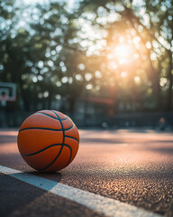 Basketball ball on urban court. Recreational fitness. Professional sports equipment. Physical activity, cardio training, movement, sport, health energy, habits, fit, active outdoors lifestyle, nobody.