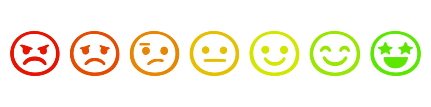 A scale of seven colorful emoji face icons representing emotions from angry to very happy for customer satisfaction surveys and feedback ratings.