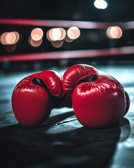 Red boxing gloves in ring. Sports equipment for gym. Combat fitness, strength, endurance, discipline, physical conditioning, powerful training routine. Athletic performance, sport, health fit. Nobody.