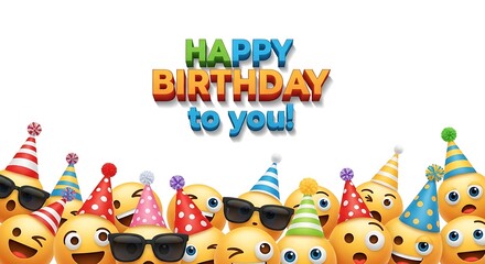 Naklejka premium Birthday party fun colorful emojis wearing party hats with 