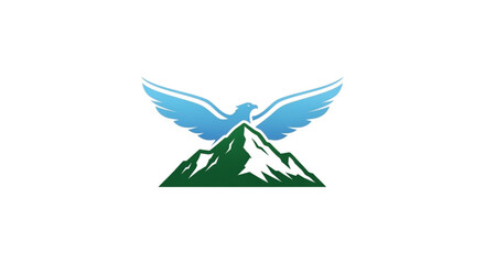 A majestic vector logo featuring a soaring blue eagle with wings spread wide over a snow-capped green mountain peak. This clean, modern design symbolizes freedom, adventure, and leadership. 