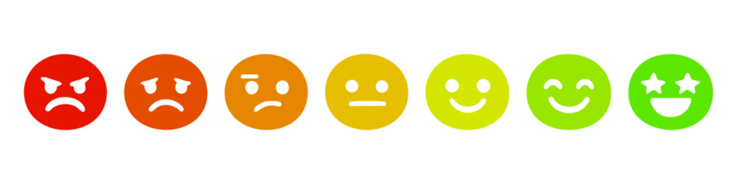 A scale of seven colorful emoji face icons representing emotions from angry to very happy for customer satisfaction surveys and feedback ratings.