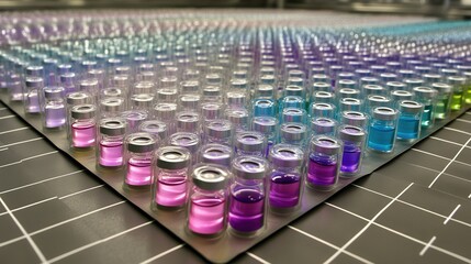 Obraz premium Rows of small clear glass vials containing colorful liquid samples arranged in a laboratory setting