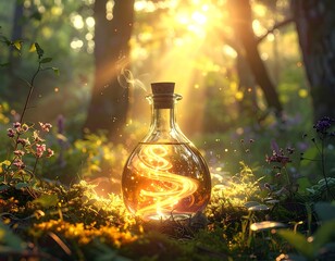 A glass bottle filled with shimmering liquid, glowing with golden light, set in a sunlit forest clearing