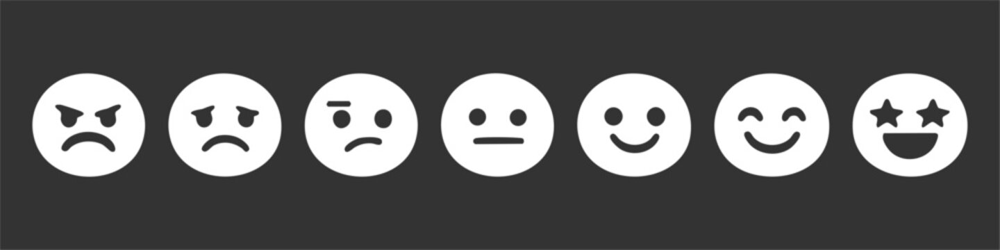 Set of minimalist white emoji icons on a dark background representing various moods from angry to excited for customer satisfaction rating.