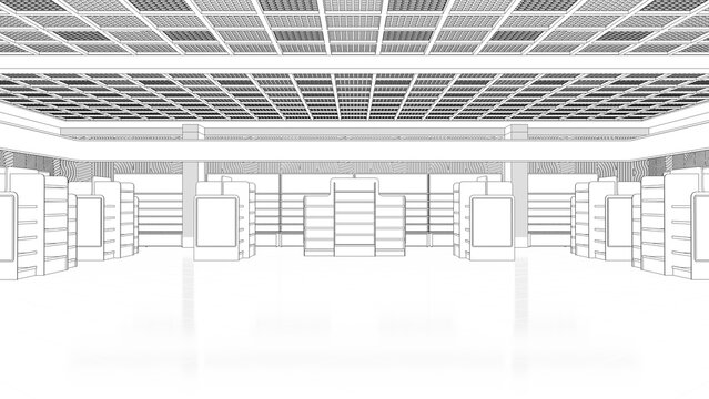Outline drawing of a large shopping hall with empty shelving, banners and wall with geometric striped pattern. 3d illustration