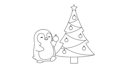 Fototapeta premium Joyful penguin character with a happy smile is decorating a tall christmas tree with round ornaments and a star on top in a coloring page.