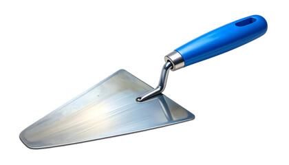 Shiny trowel with a blue handle against a black background