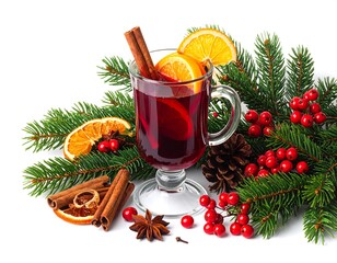A glass of mulled wine is presented with Christmas decorations. The drink is garnished with orange slices and cinnamon sticks