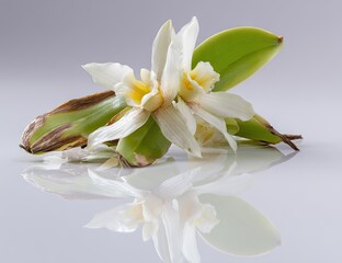 Obraz premium Close up of vanilla flower with reflection on smooth surface