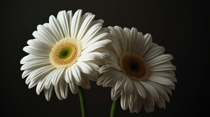 Two delicate white daisies with yellow centers against a dark background