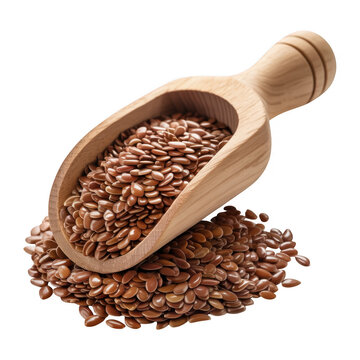 Wooden scoop with flaxseeds brown heap isolated isolated on a transparent background