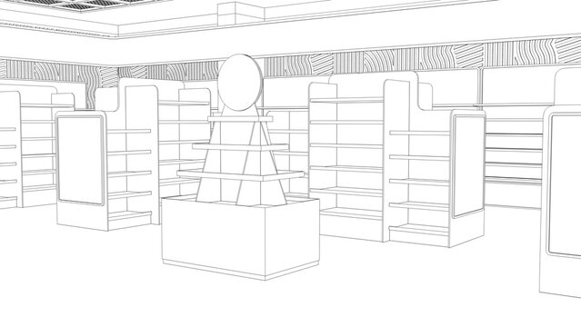 Outline drawing of store interior with cardboard POS display stand with round topper, empty shelving, banners and wall with geometric striped pattern. 3d illustration