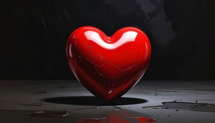 A glossy, red heart with fracture lines, resting on a reflective surface against a dark, textured backdrop