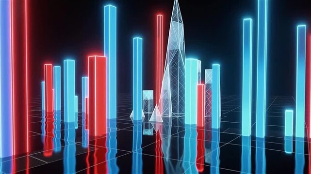 Abstract 3D render of glowing red and blue bar graphs with wireframe pyramid on reflective grid, data visualization background