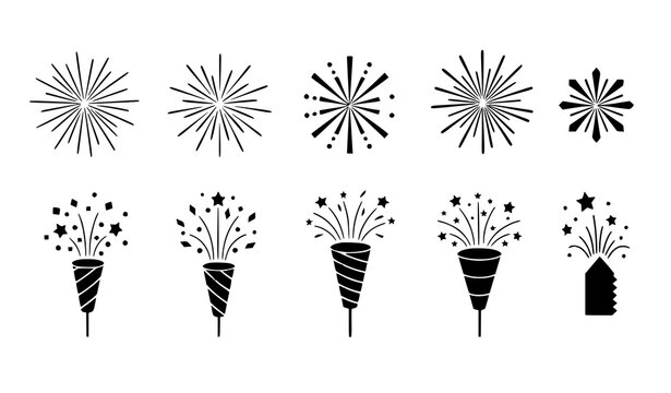 Geometric fireworks and party icon vector set for events holidays and celebrations