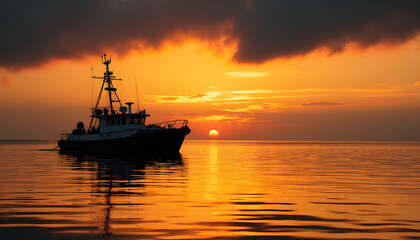 Obraz premium Silhouette of a fishing boat sailing on the ocean during a vibrant sunset