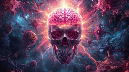 A surreal and intense depiction of a glowing skull amidst a cosmic storm of vibrant colors