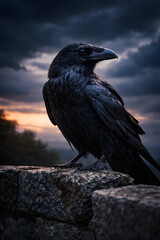 Fototapeta premium Black Raven Standing on Stone Wall at Dusk