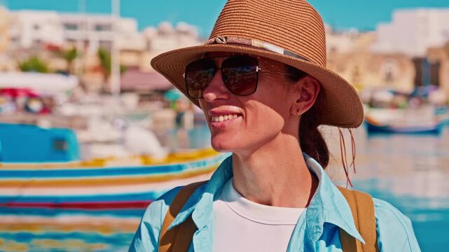 A girl in a hat and with a backpack walks through an ancient colorful fishing town Marsalokk with famous traditional multi-colored boats, Malta