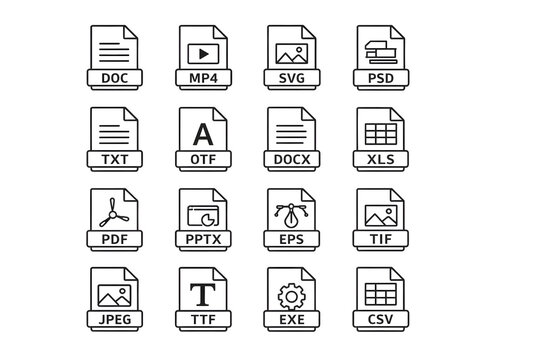 File Format Icon Set &mdash; 16 Black and White Document Icons with Common Extensions (DOC, MP4, SVG, PSD, PDF, XLS, PPTX, JPEG, CSV, EXE)