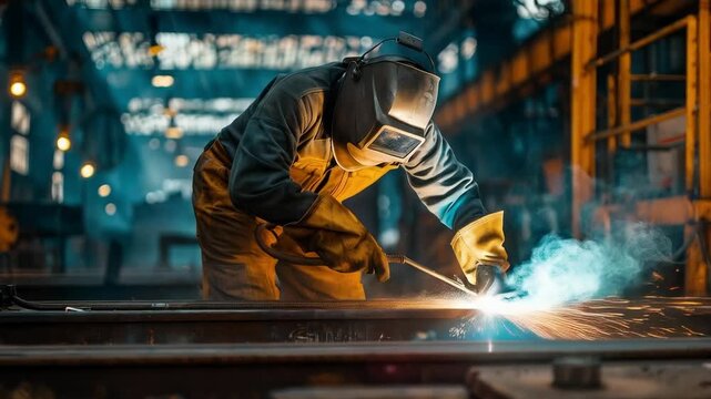 A welder wearing a protective mask and gloves works intently with sparks flying, demonstrating professionalism and the dangers of the job, which will serve as a vivid backdrop for materials about indu