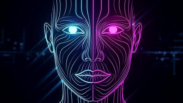 Digital Human Faces with Neon Outlines.