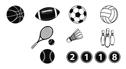 A variety of sports equipment including balls, rackets, and bowling pins