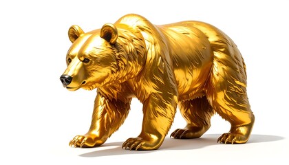 A golden bear sculpture is depicted, with shiny, metallic skin. It's standing against a clean white background