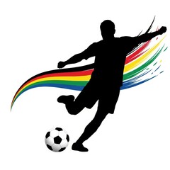 A dynamic silhouette of a soccer player kicking a ball with a vibrant rainbow trail