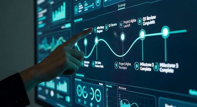 Hand pointing at a large digital dashboard showing a project timeline and milestones with teal interface elements