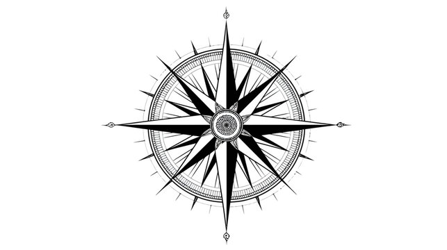 Classic Ornate Compass Rose Vector Illustration, Black and White Nautical Navigation Symbol for Travel and Direction