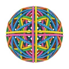 A vibrant and colorful geometric sphere made of interconnected rubber bands.