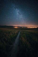 A solitary path under the starry night sky in a vast, open field