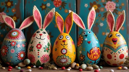 Colorful easter eggs with bunny faces and intricate floral designs on display