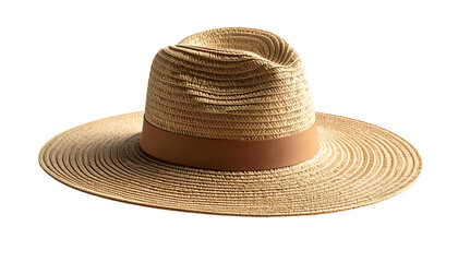 Woven straw hat with wide brim and brown band, isolated against a solid black background