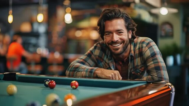 A smiling man in a checked shirt standing by a pool table creates a friendly atmosphere, ideal as a backdrop for advertising entertainment venues or men's fashion.
