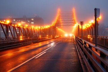 Fototapeta premium Fading Lights on Bridge Disappearing into Dense Fog at Dusk