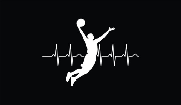 Silhouette of an athlete dunking a basketball with a heartbeat pulse graphic in the background bold white design on black