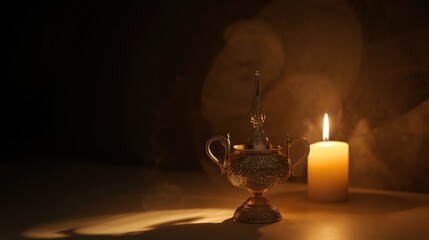 A golden goblet and a lit candle on a dark background.