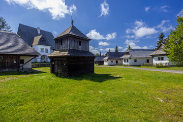 Traditional wooden bell tower in open air museum