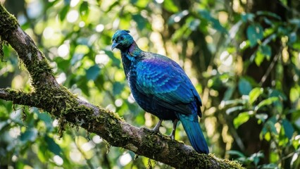 Obraz premium A Majestic Iridescent Pheasant Perched on a Mossy Branch Amidst Lush Forest Foliage