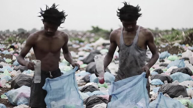 Two young, gaunt individuals with dark skin, dishevelled hair, barefoot, meticulously sift plastic bottles into bags amidst a vast, polluted landfill under an overcast sky. Concept of environmental
