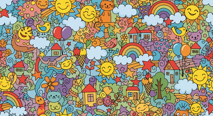 Colorful whimsical illustration of cartoon objects, smiley faces, rainbows, and clouds, for background or texture, seamless pattern