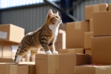 Fototapeta premium Cat Standing on Stacked Boxes in Shipping Storage Area with Natural Light