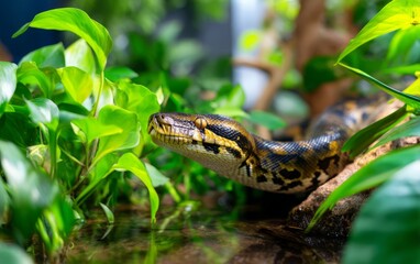 Fototapeta premium Anaconda Partially Submerged in Lush Jungle Environment Surrounded by Plants