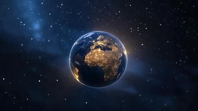 Globe spins to show lights from cities at night. Bright spots highlight different regions as the camera captures the view