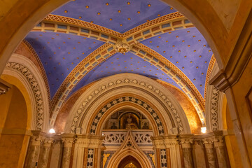 Naklejka premium Adorned vault ceiling inside Basilica of Santa Chiara, Assisi, Italy