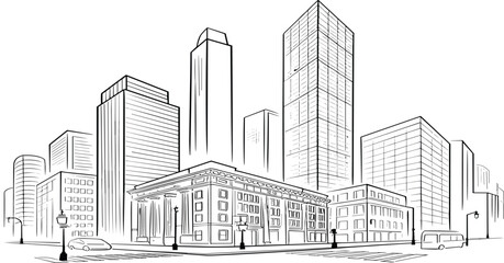 Black and white line of a cityscape with tall skyscrapers and a classical building in the foreground